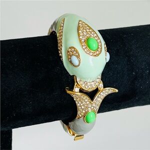 J. Crew gold tone enamel &  rhinestone dolphin bracelet hinged clasp RARE 1980’s